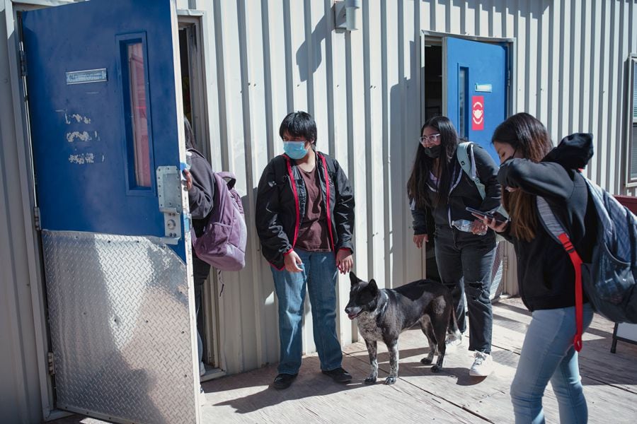 Tylena Gachupin, left, and Kiera Mora, center, wait to enter their next class, with Louie the dog, at Walatowa High Charter School in Jemez Pueblo on Feb. 23.