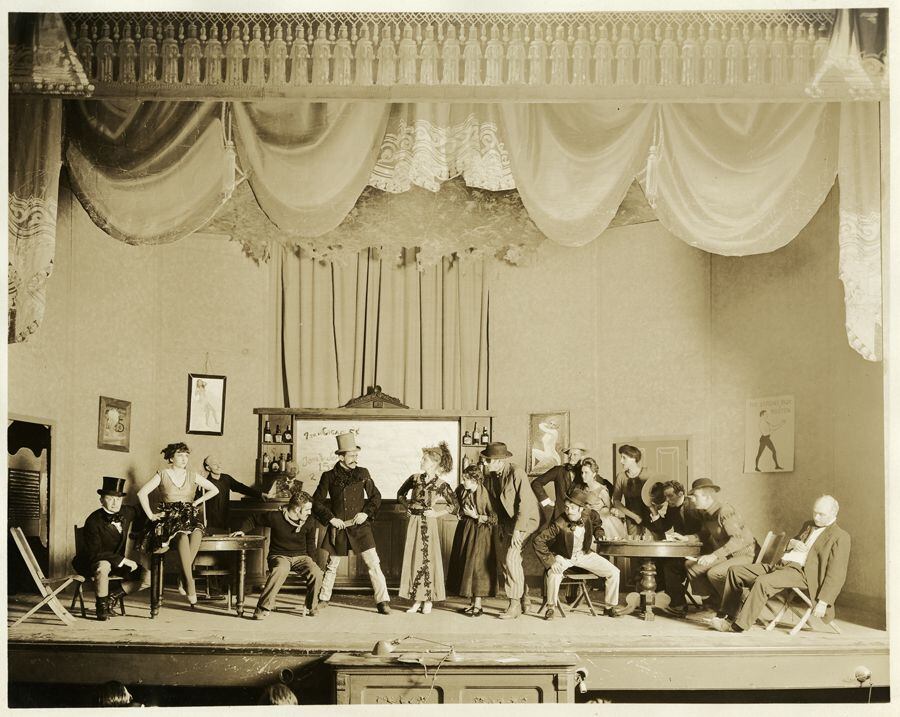 Saloon scene or cast photo from an unidentified melodrama at the Santa Fe Community Theater, Santa Fe, New Mexico, 1930s.