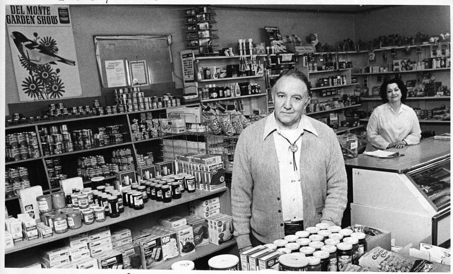Proprietor Meliton Vigil Jr. in the Palace Grocery on East Palace Avenue, Santa Fe, New Mexico, circa 1980.