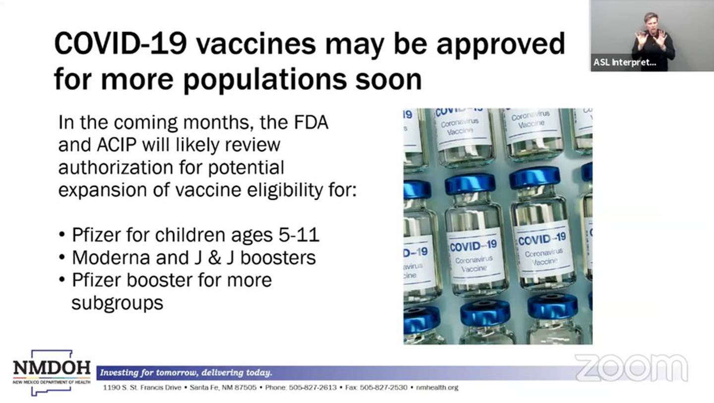 Slide, "COVID-19 vaccines may be approved for more populations soon." NMDOH, 9/29/21