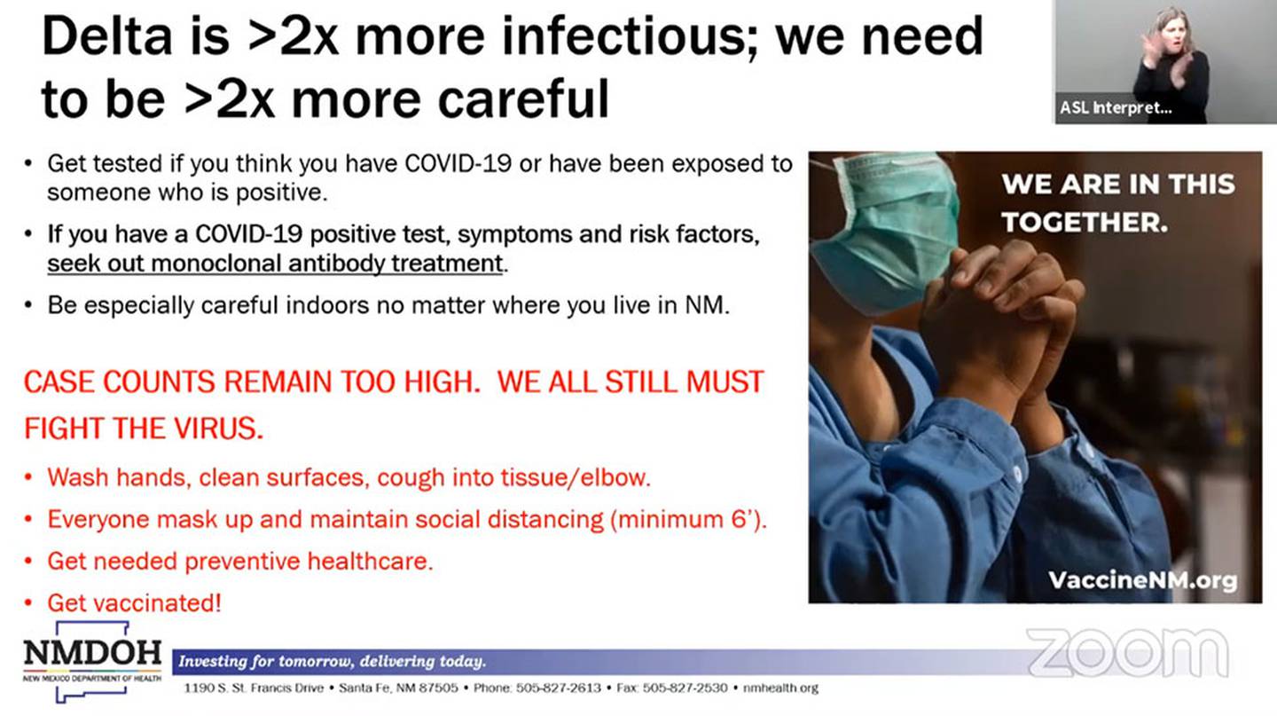 Slide "Delta is >2x more infectious; we need to be >2x more careful." NMDOH 10.27.21