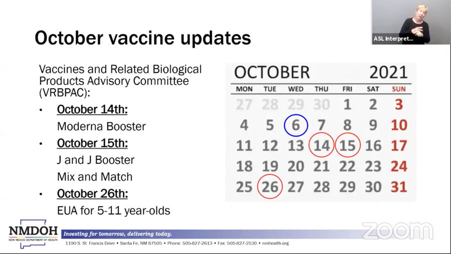 Slide, "October vaccine updates." NMDOH, 10.6.21