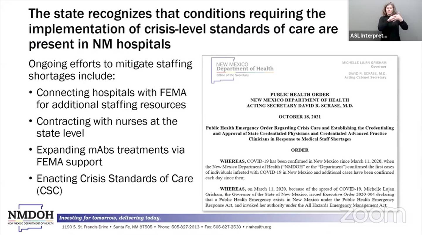 Slide, "The state recognizes that conditions requiring the implementation of crises-level standards of care are present in NM hospitals." NMDOH, 10.18.21