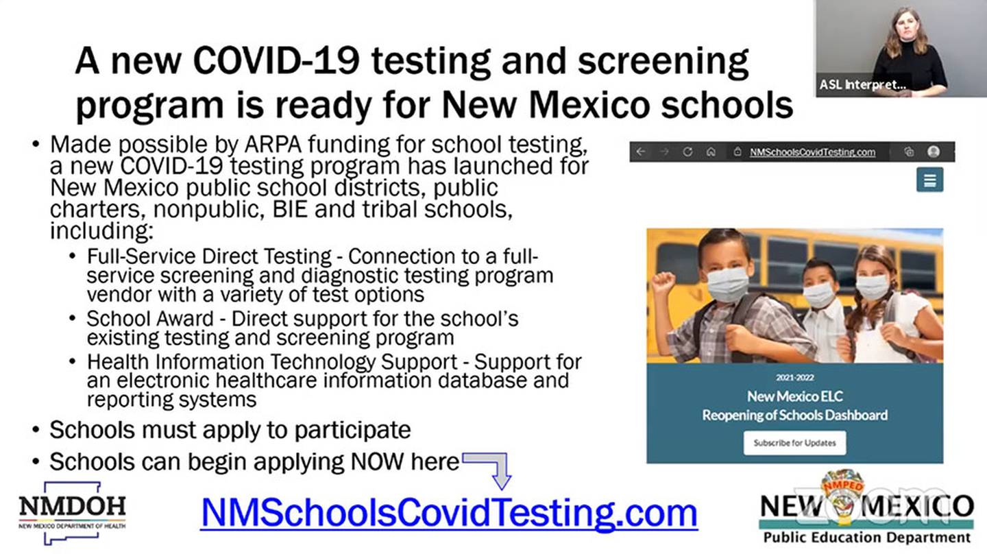 Slide, "A new COVID-19 testing and screening program is ready for New Mexico schools." NMDOH 9/8/21.