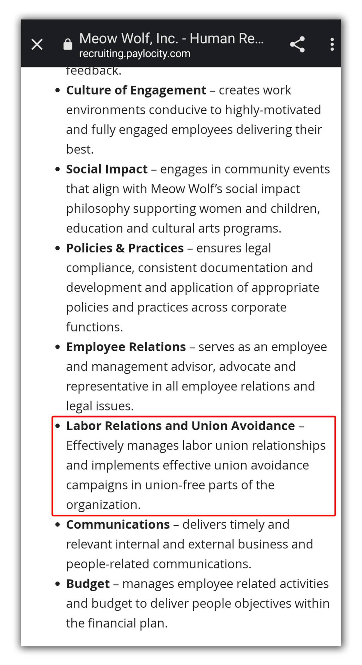 Screenshot of Meow Wolf job listing featuring various job responsibilities, including a provision which features a bullet point which says: "Labor Relations and Union Avoidance – Effectively manages labor union relationships and implements effective union avoidance campaigns in union-free parts of the organization."