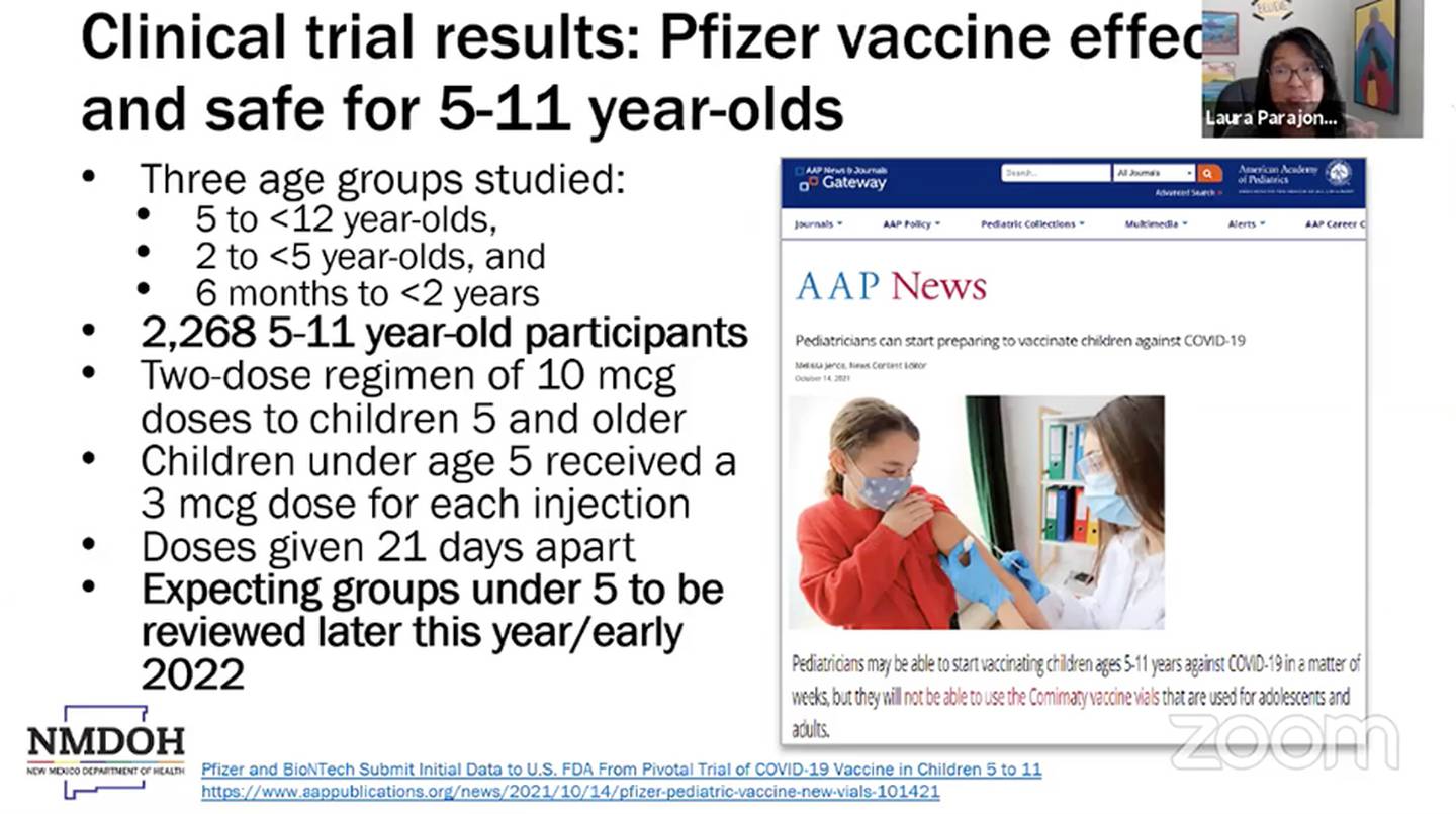 Slide, "Clinical trial results: Pfizer vaccine effective and safe for 5-11 year-olds." NMDOH, 10.18.21