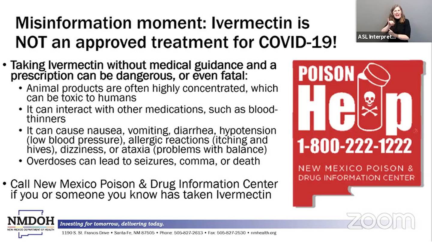 Slide "Misinformation Moment: Ivermectin is not an approved treatment for COVID-19." NMDOH 9/8/21