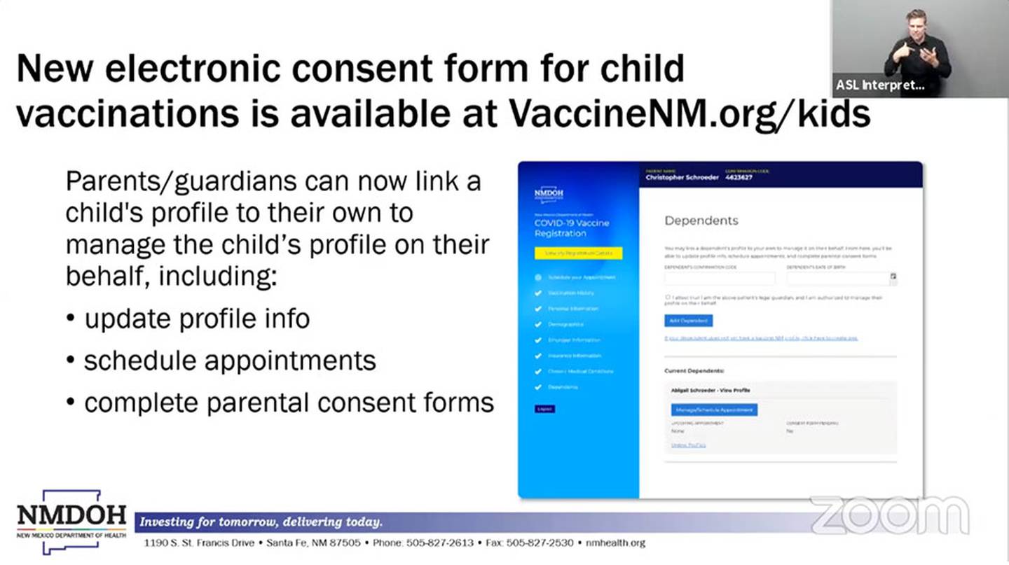 Slide "New electronic consent form for child vaccinations is available at VaccineNm.org/kids" Oct. 25, 2021." NMDOH 10.27.21