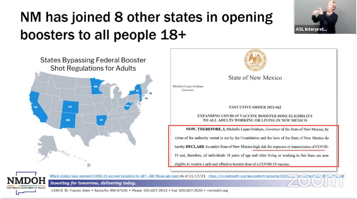 Slide, "NM has joined 8 other states in opening boosters to all people 18+." NMDOH 11.17.21.