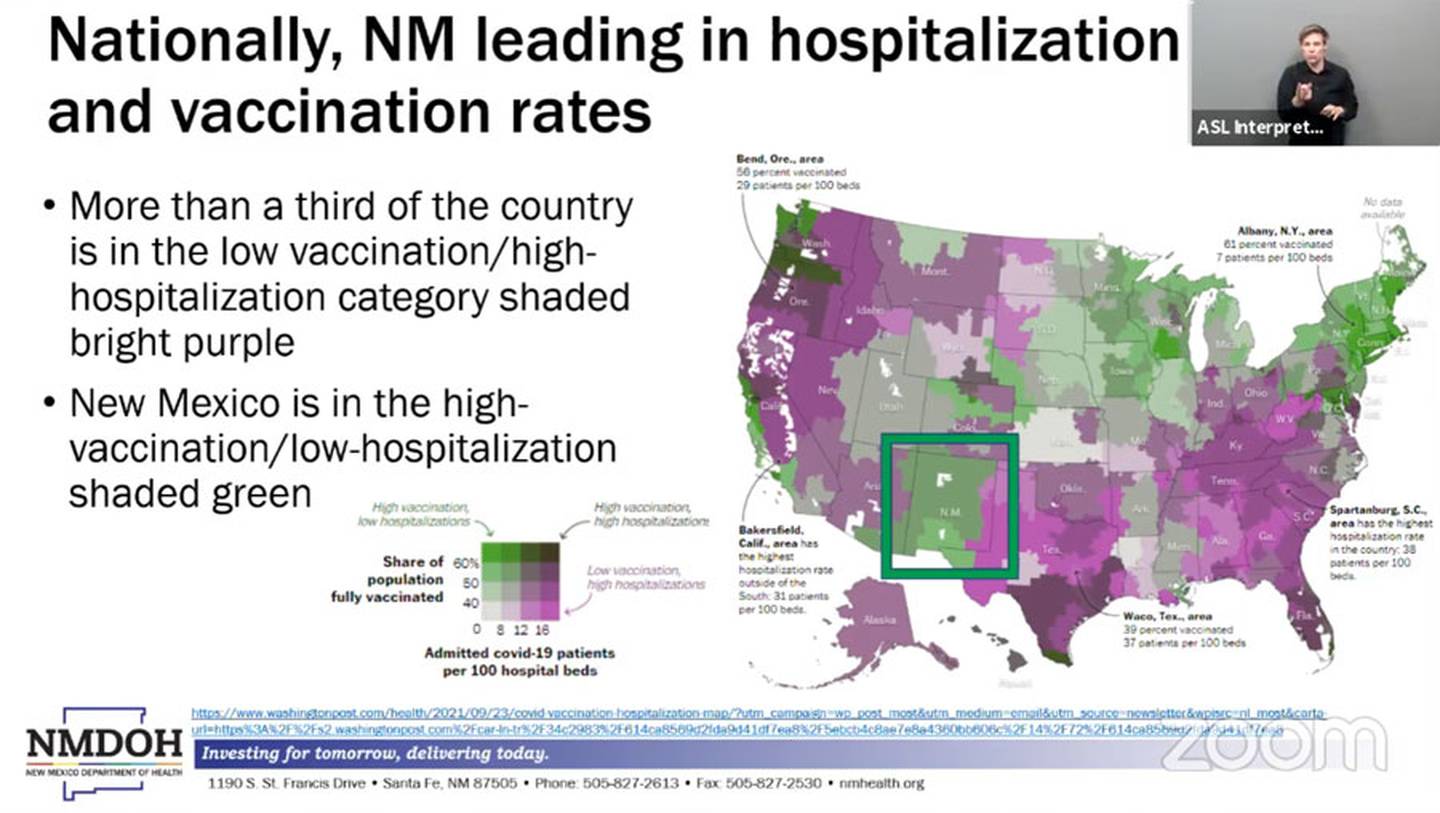 Slide, "Nationally, NM leading in hospitalization and vaccination rates." NMDOH 9/29/21.