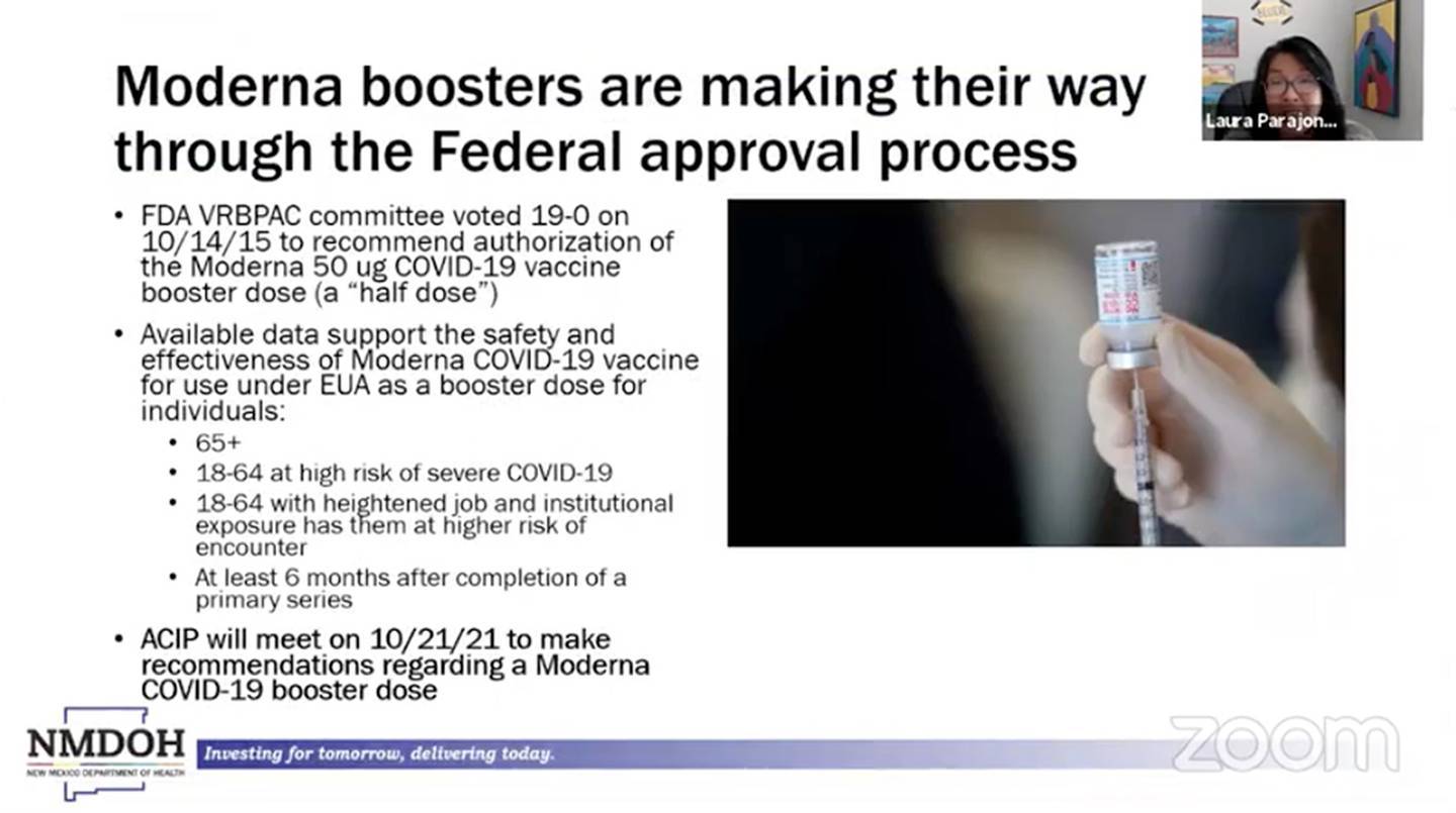 Slide, "Moderna boosters are making their way through the federal approval process." NMDOH, 10.18.21
