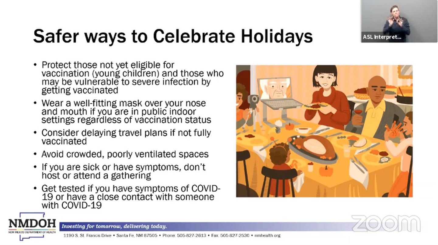 Slide, "Safer ways to celebrate holidays." NMDOH 11.17.21.